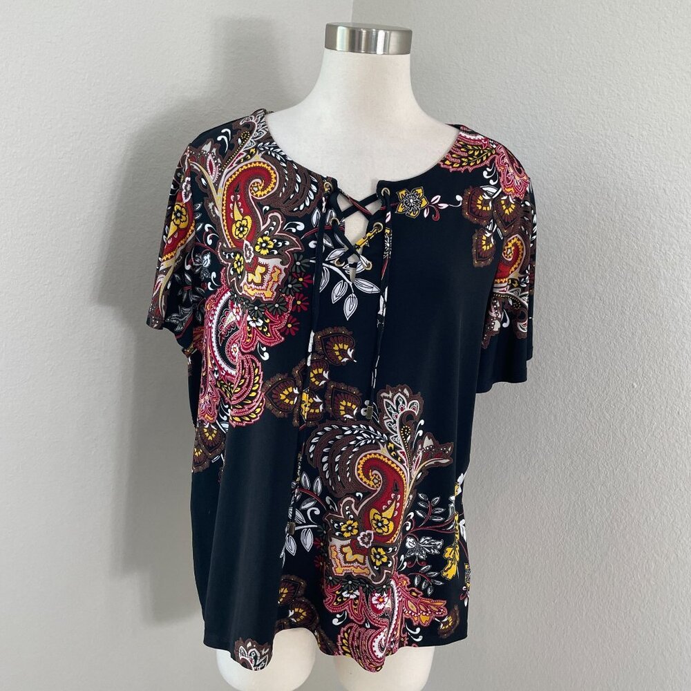 Liz Claiborne Career Womens Plus XXL Paisley Tunic Top Stretch Lace Up Shirt